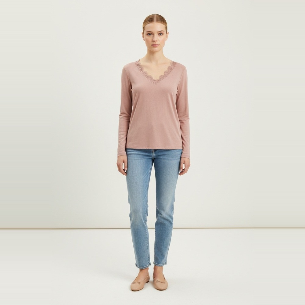 Mystree NWT Modal Lace V-Neck Top Womens S Blush Long Sleeve Eyelash Trim